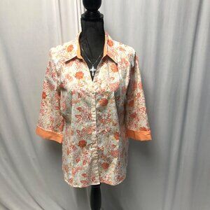Studio Works Shirt Womens Size Large Orange Floral Wrinkle Free Blouse NEW